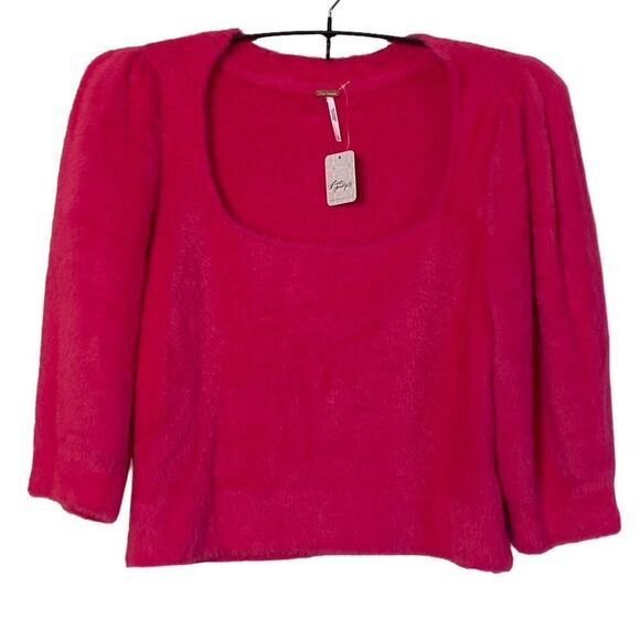 Free People Raspberry Pop Moonbeam Fuzzy Puff Sleeve Crop Sweater Sz XL NWT - Picture 6 of 15